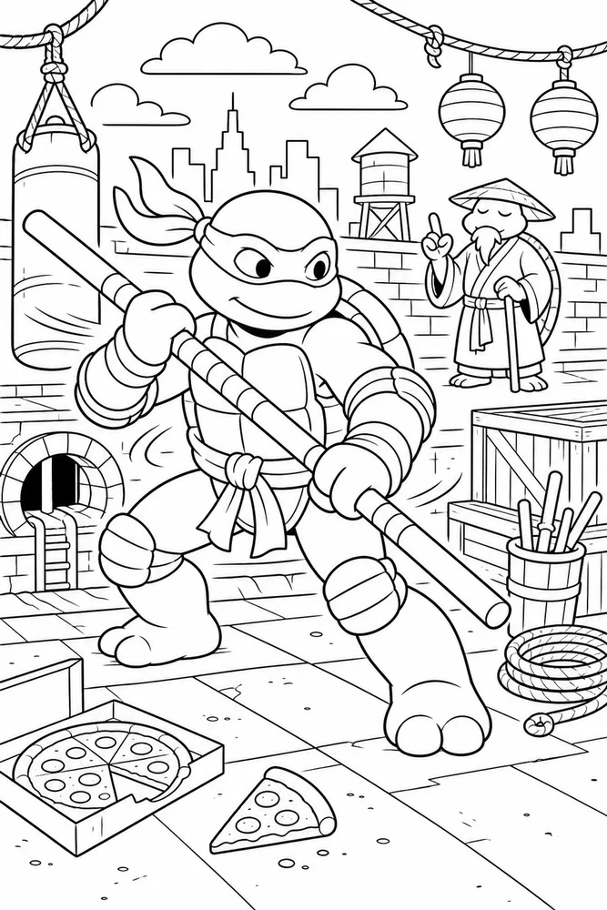 Teenage Mutant Ninja Turtles Mentor Silhouette Scene printable coloring page for kids