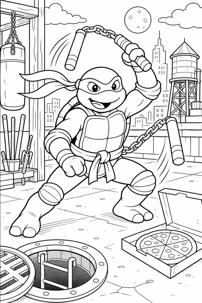 Teenage Mutant Ninja Turtles Nunchucks Turtle printable coloring page for kids