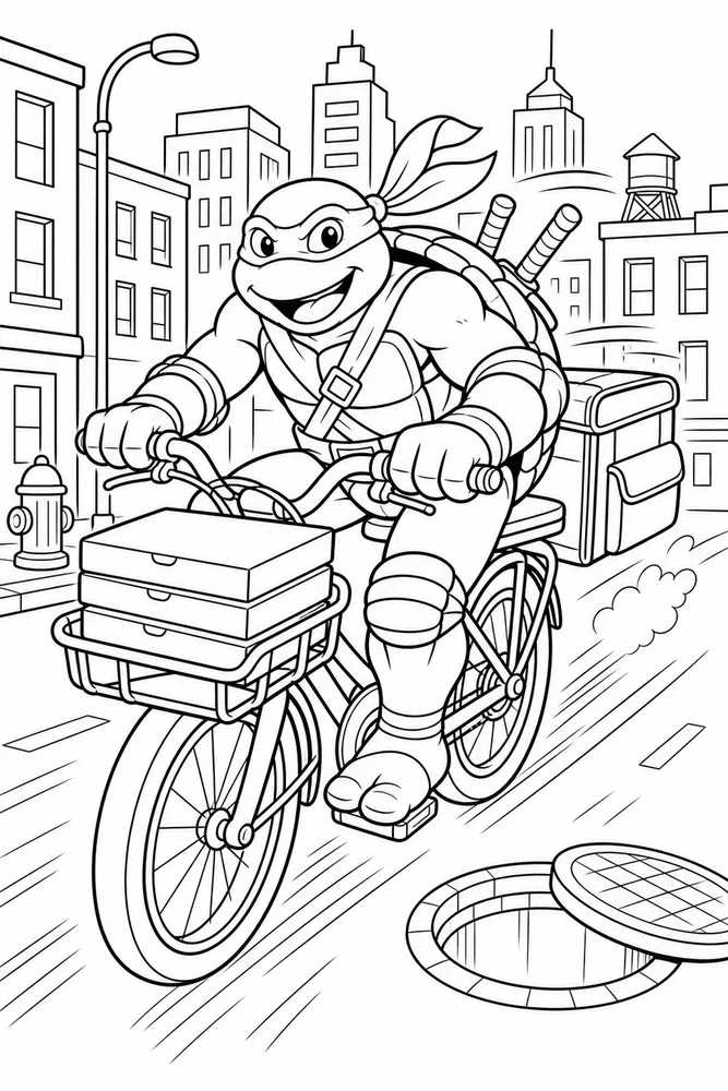 Teenage Mutant Ninja Turtles Pizza Delivery Bike printable coloring page for kids
