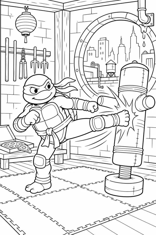 Teenage Mutant Ninja Turtles Practice Dummy Scene printable coloring page for kids