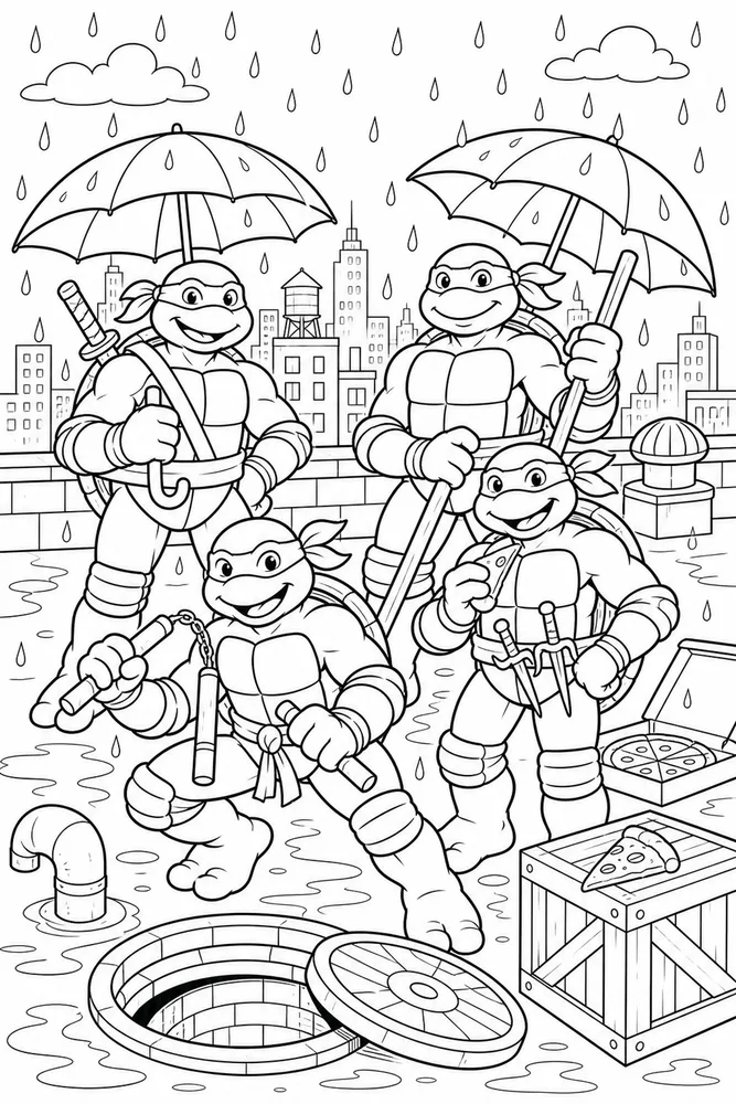 Teenage Mutant Ninja Turtles Rain Team Scene printable coloring page for kids
