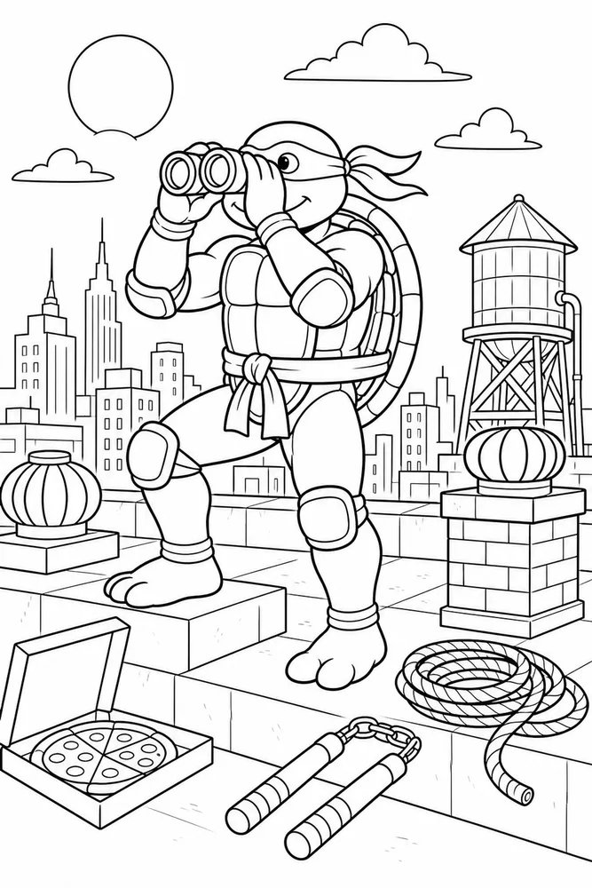 Teenage Mutant Ninja Turtles Rooftop Lookout with Binoculars printable coloring page for kids