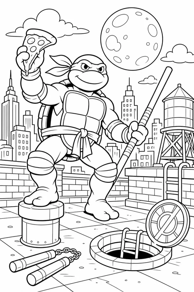 Teenage Mutant Ninja Turtles Rooftop Moon Scene printable coloring page for kids