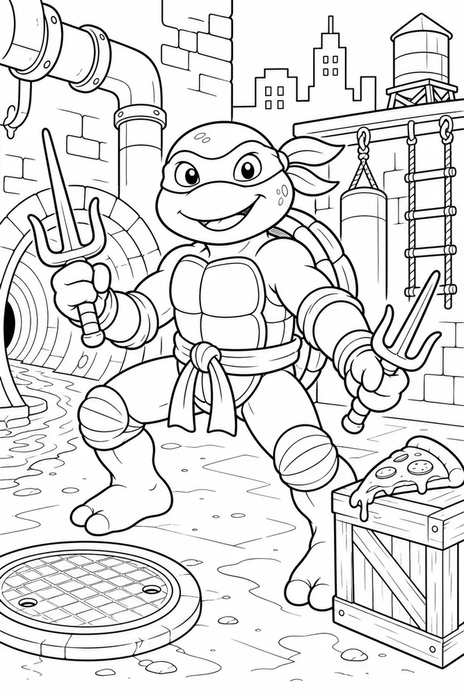 Teenage Mutant Ninja Turtles Sai Pose Turtle printable coloring page for kids