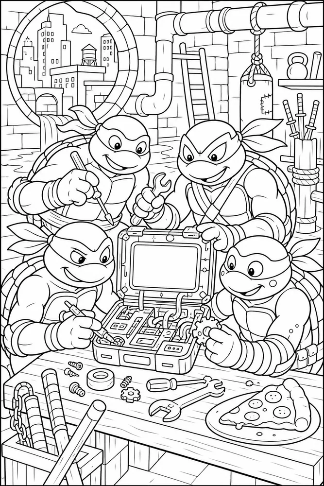 Teenage Mutant Ninja Turtles Sewer Gadget Repair printable coloring page for kids