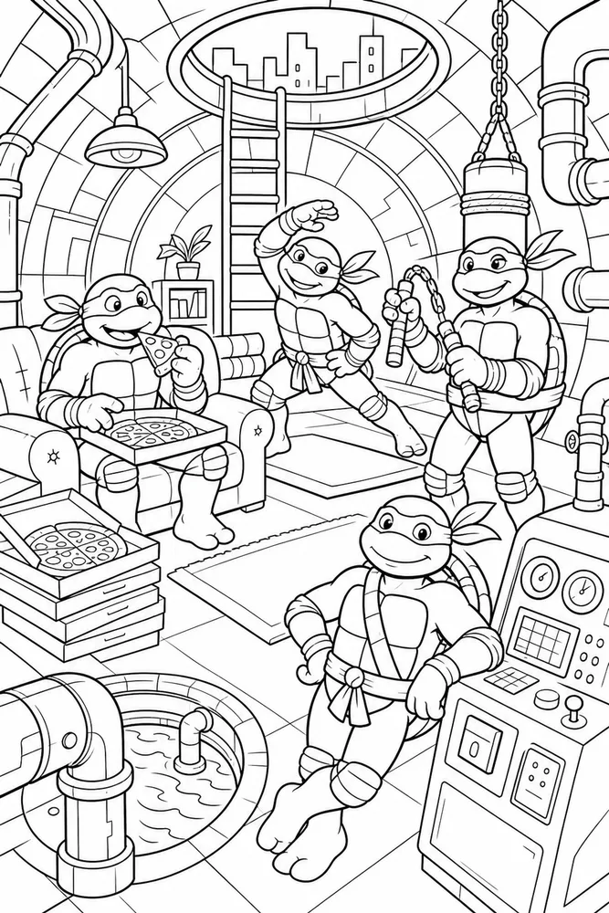 Teenage Mutant Ninja Turtles Sewer Hideout Scene printable coloring page for kids