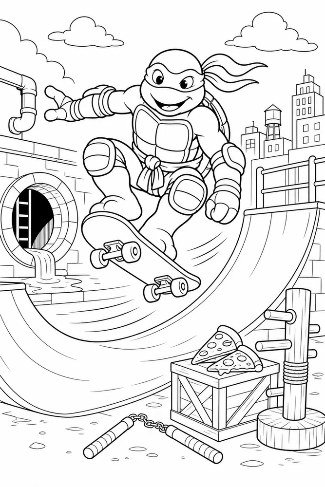 Teenage Mutant Ninja Turtles Skateboard Scene printable coloring page for kids