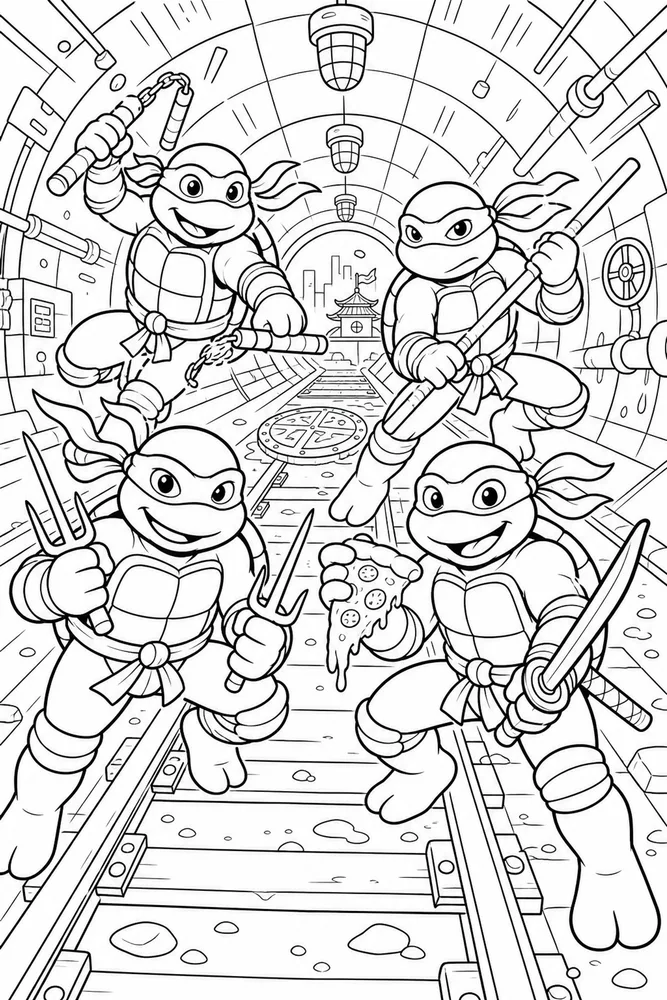 Teenage Mutant Ninja Turtles Subway Tunnel Scene printable coloring page for kids