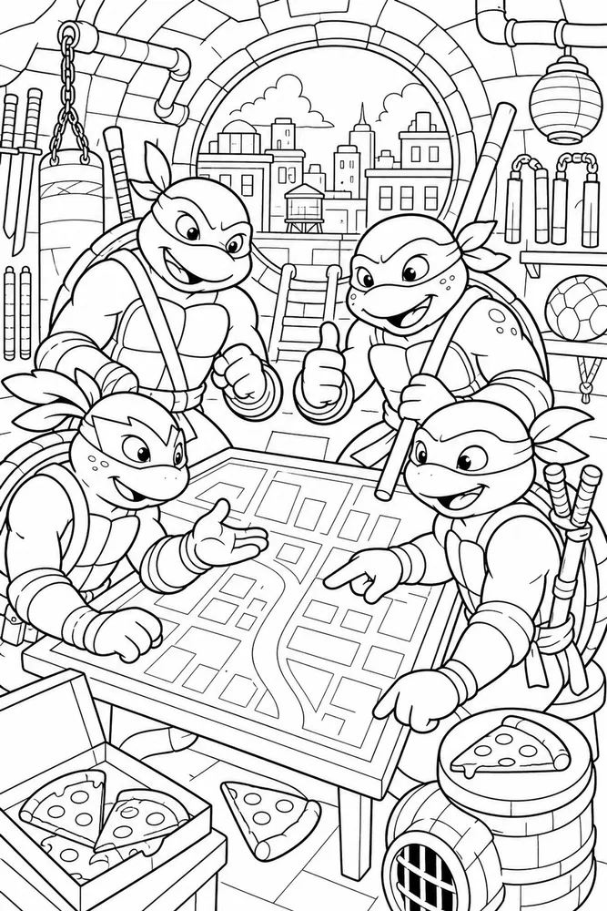 Teenage Mutant Ninja Turtles Table Map Scene printable coloring page for kids