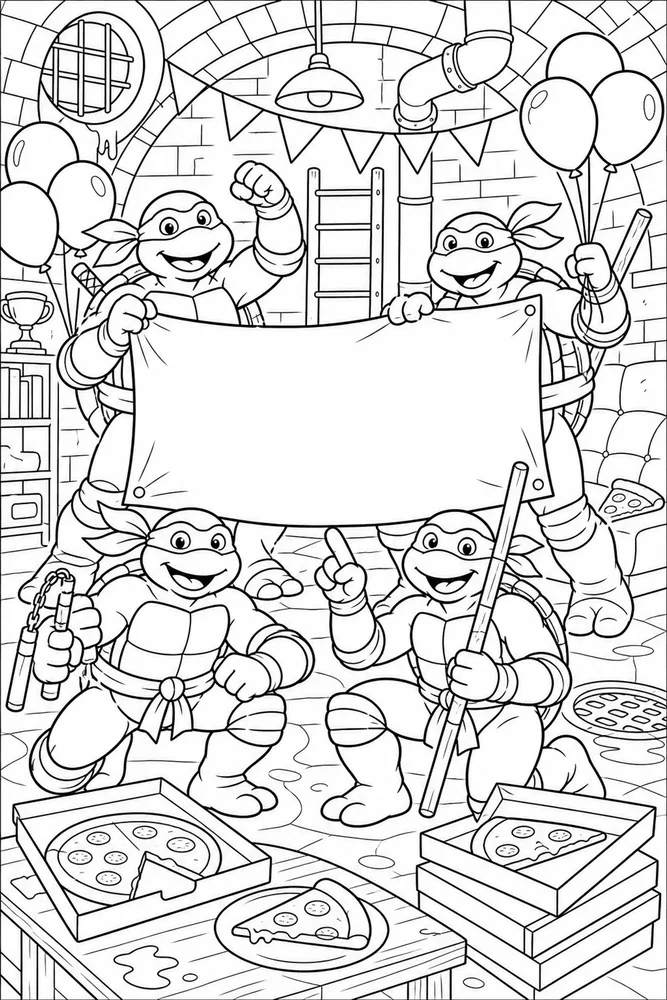 Teenage Mutant Ninja Turtles Team with Blank Celebration Banner printable coloring page for kids