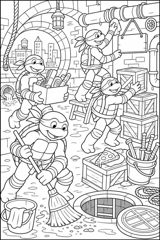 Teenage Mutant Ninja Turtles Team Cleanup Sewer Scene printable coloring page for kids