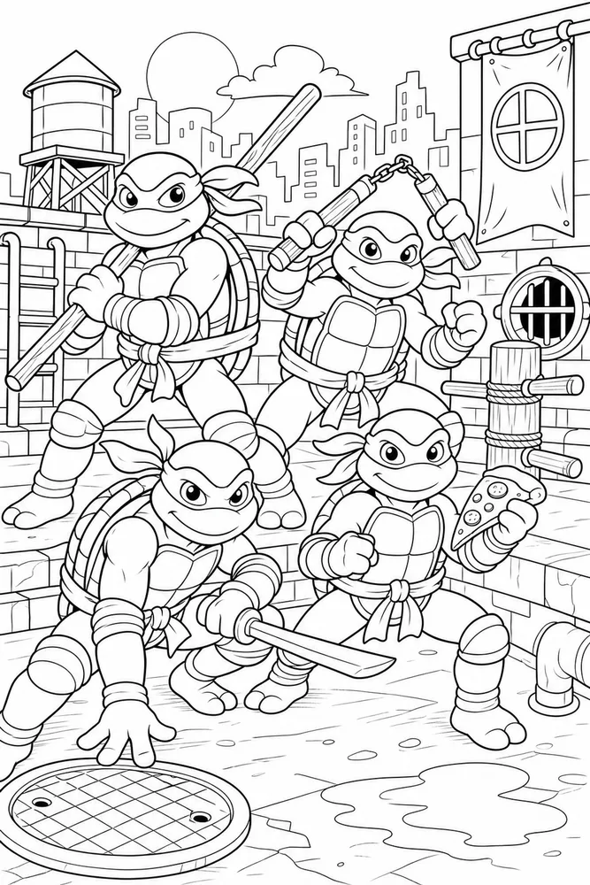 Teenage Mutant Ninja Turtles Team Lineup printable coloring page for kids