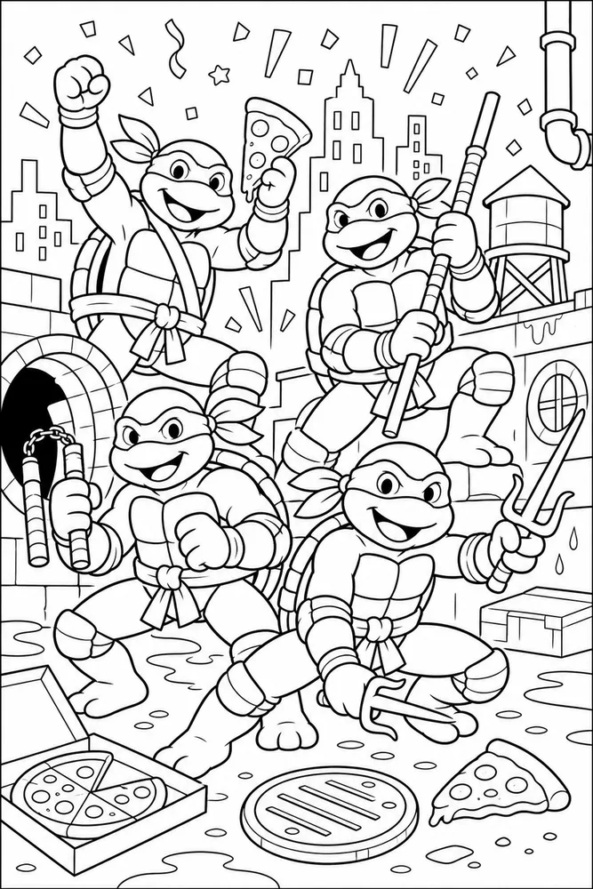 Teenage Mutant Ninja Turtles Team Victory Pose printable coloring page for kids