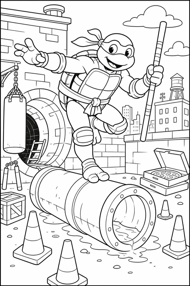 Teenage Mutant Ninja Turtles Training Balance on Pipe printable coloring page for kids