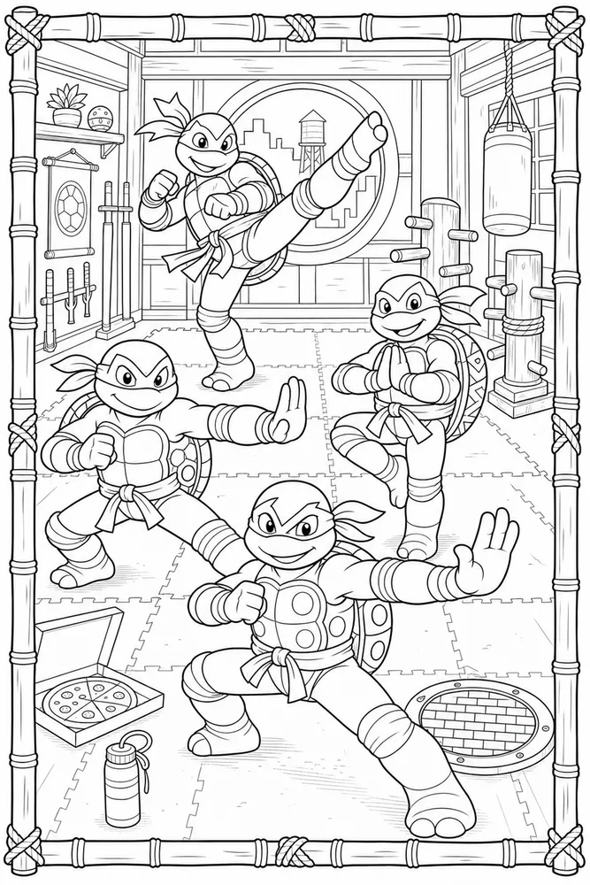 Teenage Mutant Ninja Turtles Training Dojo printable coloring page for kids