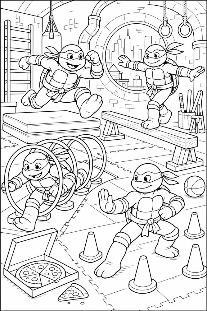 Teenage Mutant Ninja Turtles Training Obstacle Course printable coloring page for kids