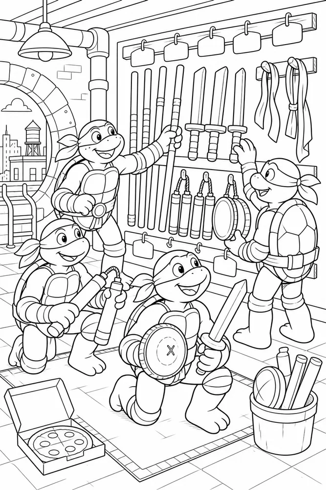 Teenage Mutant Ninja Turtles Training Weapons Wall printable coloring page for kids