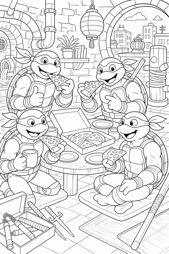 Teenage Mutant Ninja Turtles Eating Pizza printable coloring page for kids