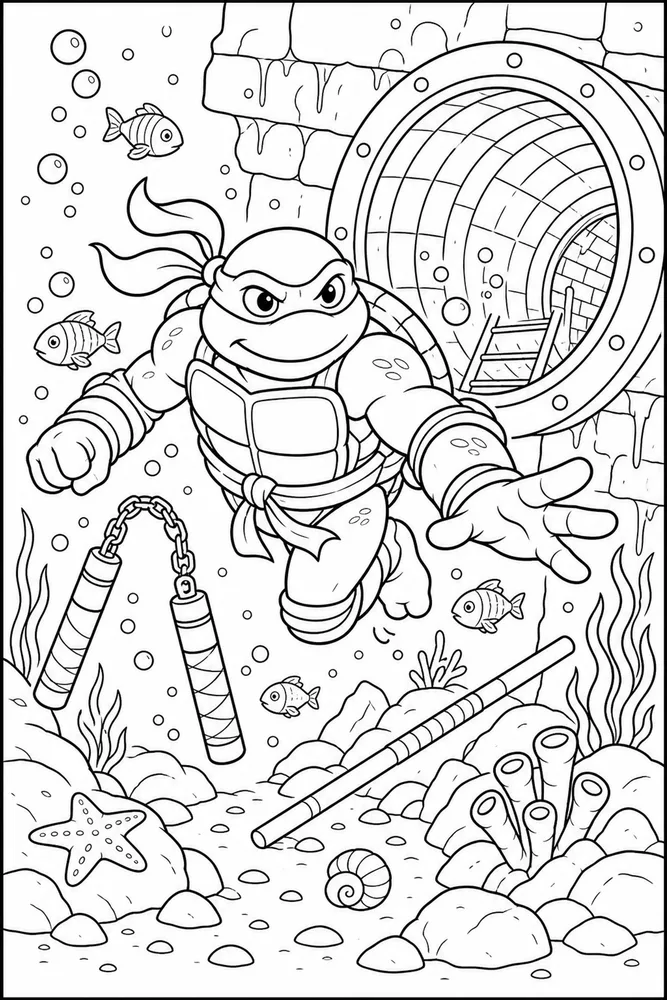 Teenage Mutant Ninja Turtles Underwater Sewer Pipe printable coloring page for kids