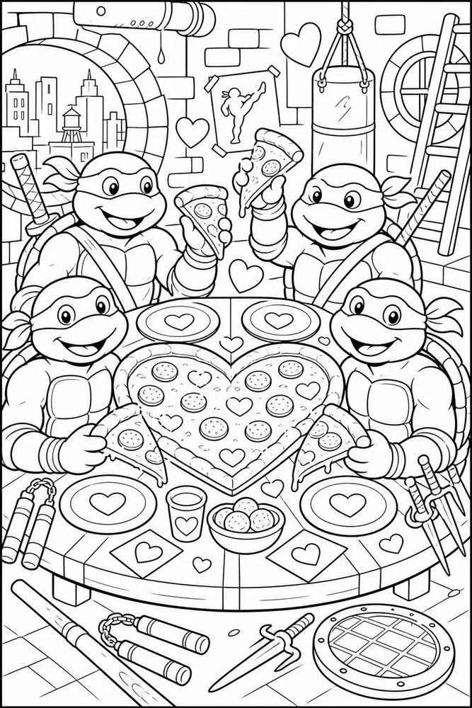 Teenage Mutant Ninja Turtles Valentine Pizza Heart printable coloring page for kids