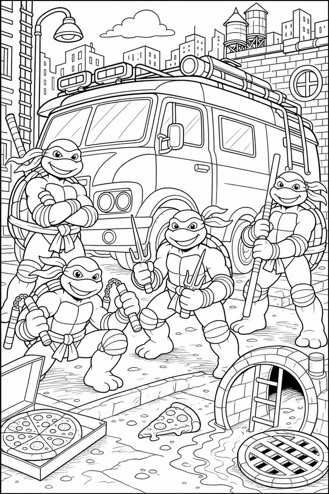 Teenage Mutant Ninja Turtles Van Style Vehicle Scene printable coloring page for kids