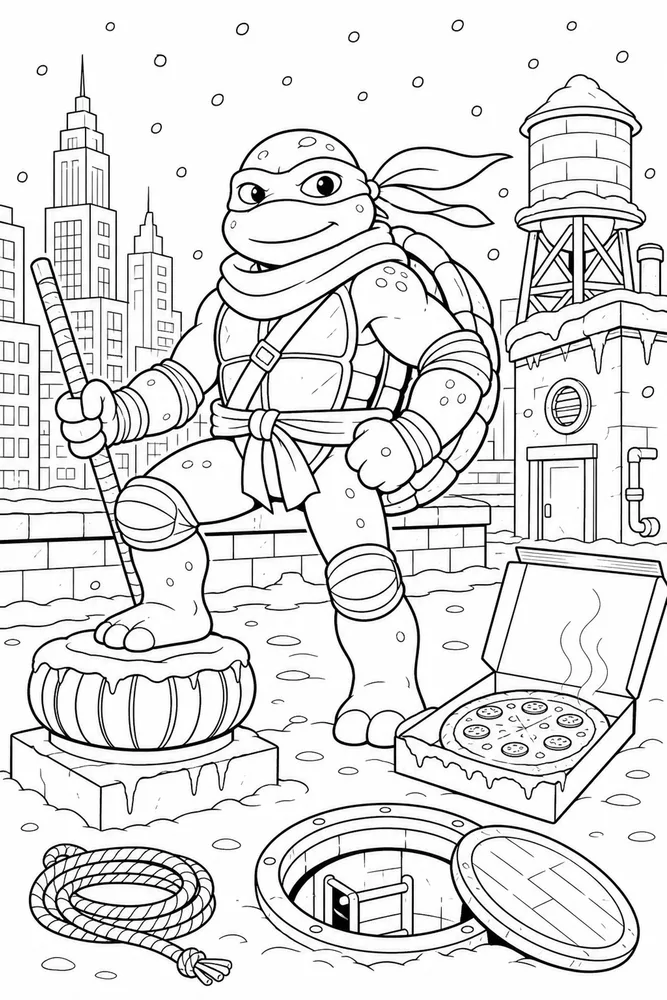 Teenage Mutant Ninja Turtles Winter Scarf Rooftop printable coloring page for kids