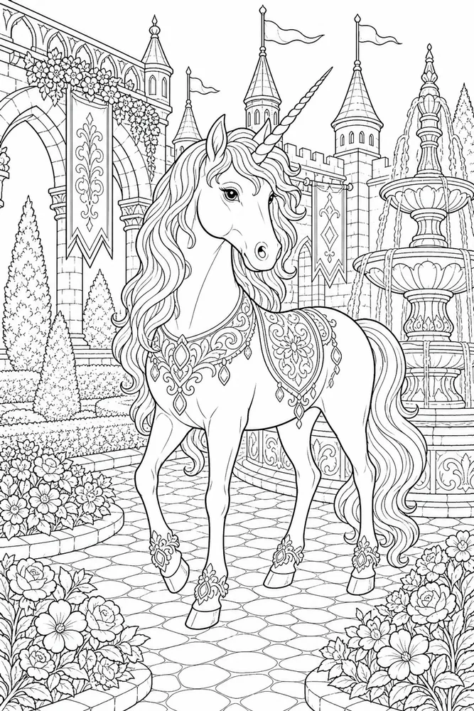 Adult Unicorn Detailed Castle Courtyard coloring page