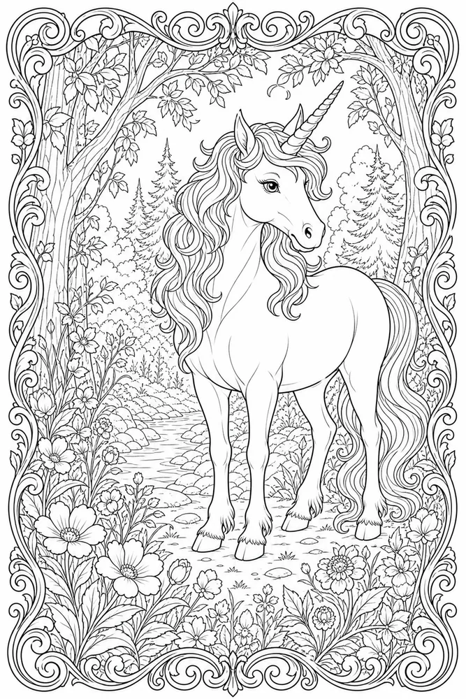 Adult Unicorn Forest Scroll Border coloring page