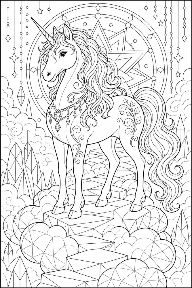 Adult Unicorn Geometric Cloud Path coloring page