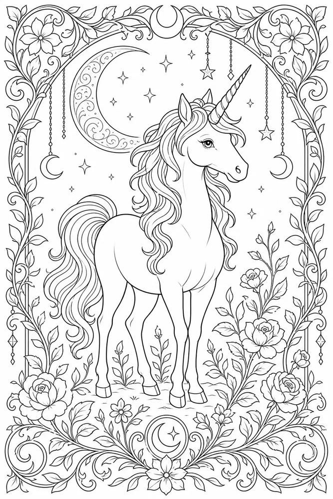 Adult Unicorn Moon Garden Frame coloring page