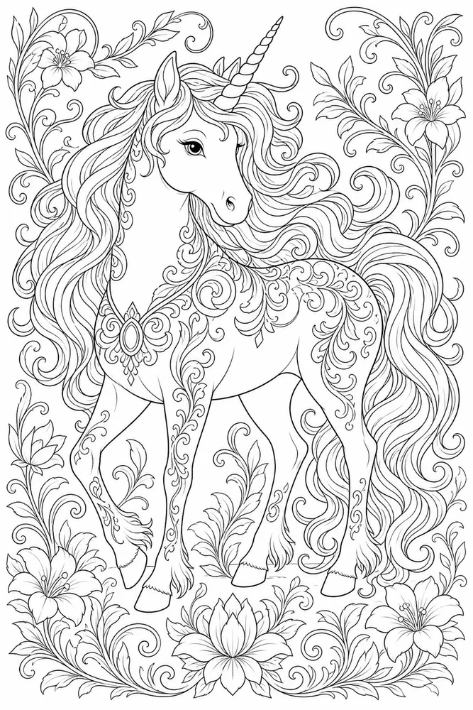 Adult Unicorn Ornate Mane Portrait coloring page