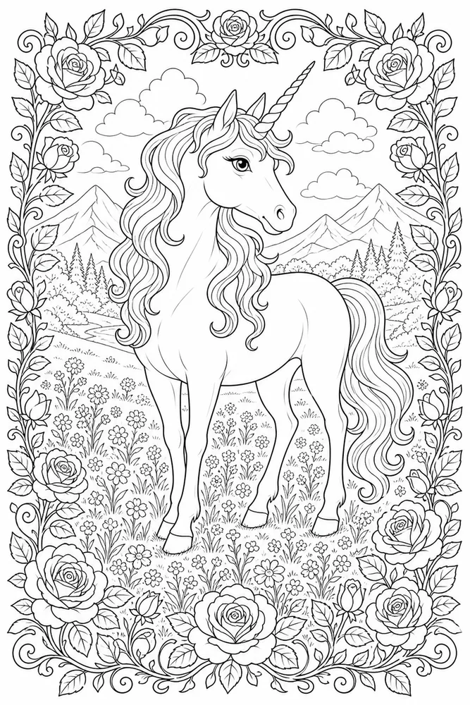 Adult Unicorn Rose Meadow Frame coloring page