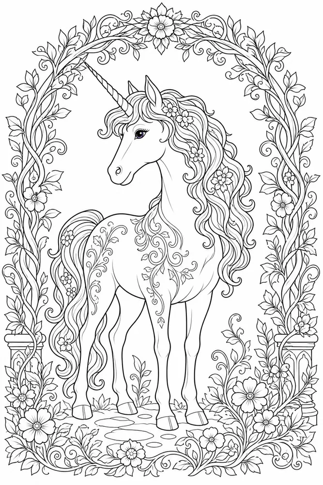 Adult Unicorn Vine Arch Stance coloring page