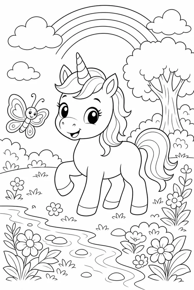 Baby Unicorn Butterfly Friend coloring page