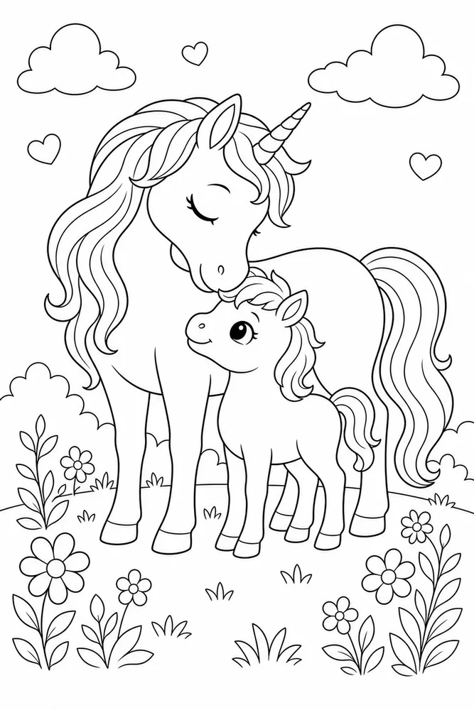 Baby Unicorn Mama Unicorn Nuzzle coloring page