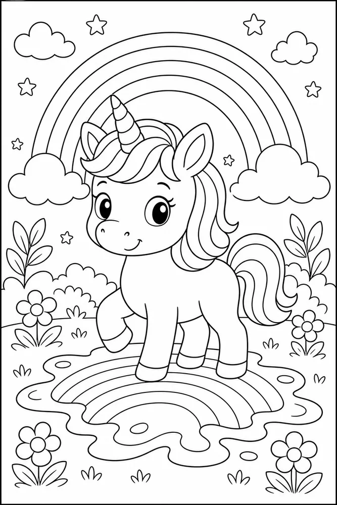 Baby Unicorn Rainbow Puddle coloring page