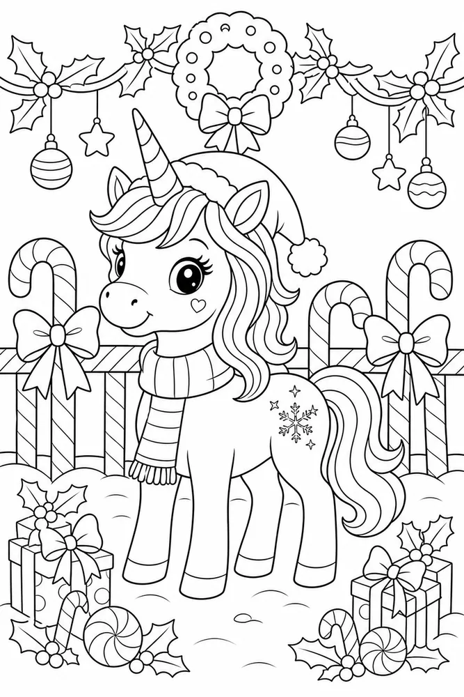 Christmas Unicorn Candy Cane Fence coloring page