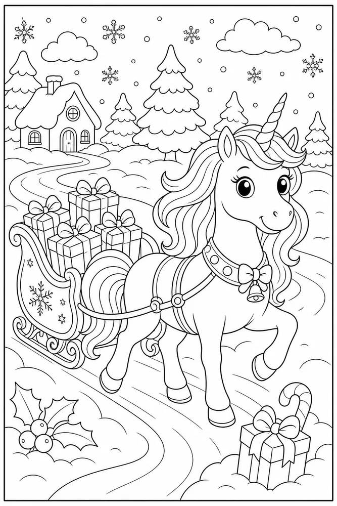 Christmas Unicorn Gift Sleigh Path coloring page