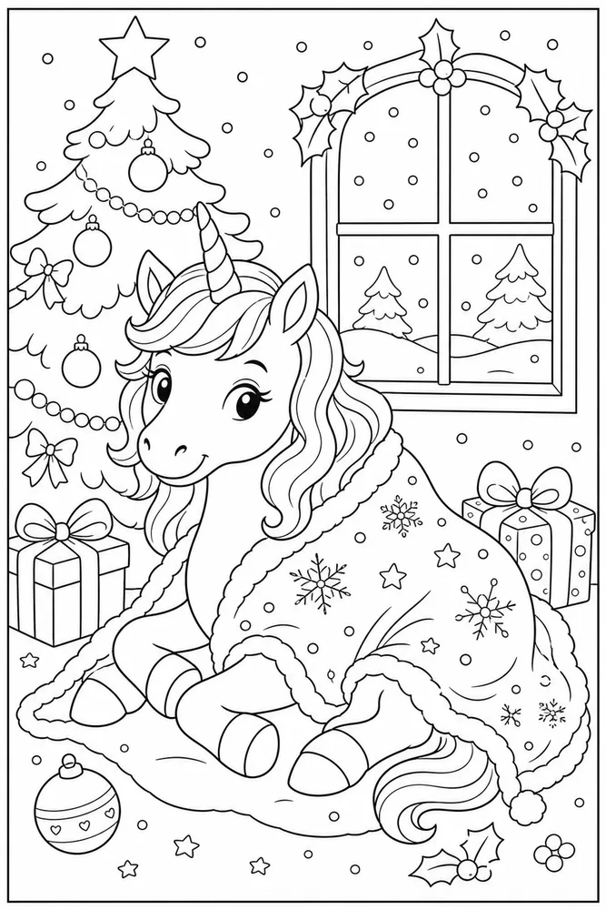 Christmas Unicorn Holiday Blanket Pose coloring page