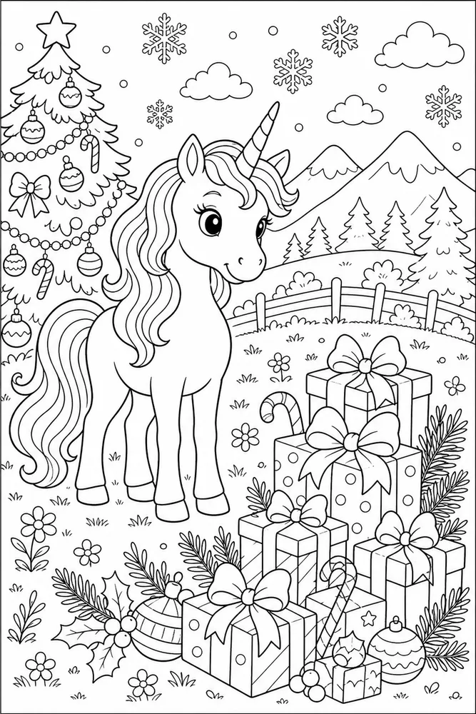 Christmas Unicorn Present Pile Meadow coloring page