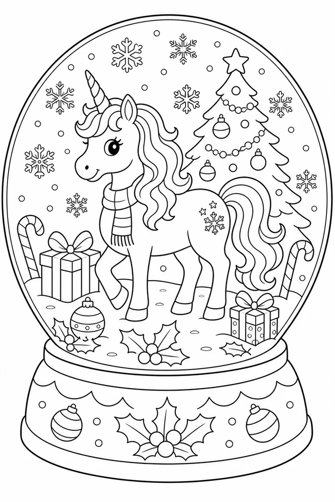 Christmas Unicorn Snow Globe Scene coloring page