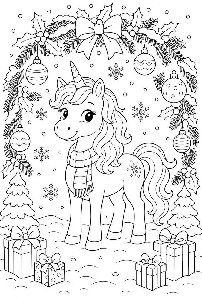 Christmas Unicorn Snowy Wreath Arch coloring page