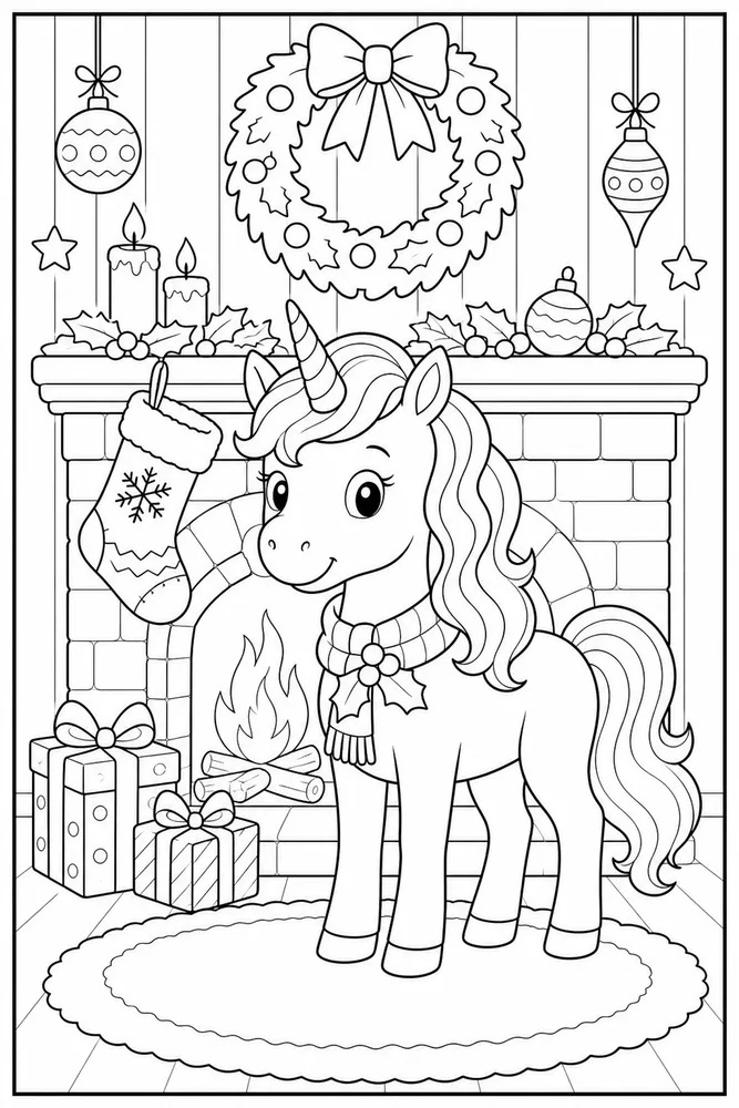 Christmas Unicorn Stocking Fireplace coloring page
