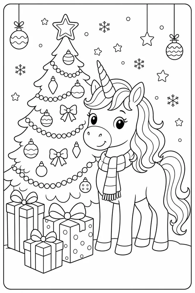 Christmas Unicorn Coloring Pages preview: Christmas Unicorn Unicorn by Christmas Tree coloring page