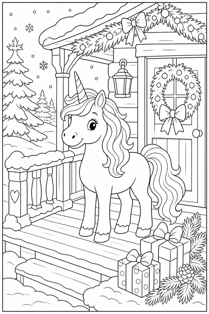 Christmas Unicorn Winter Cabin Porch coloring page