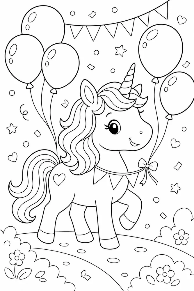 Cute Unicorn Coloring Pages preview: Cute Unicorn Balloon Parade coloring page