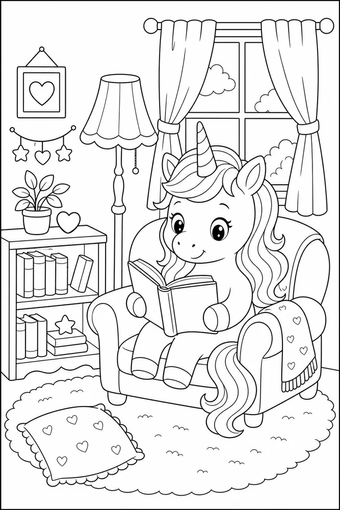 Cute Unicorn Cozy Reading Nook coloring page