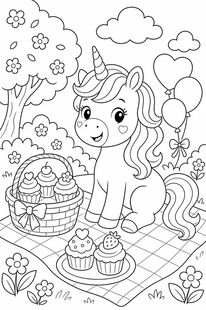 Cute Unicorn Cupcake Picnic coloring page