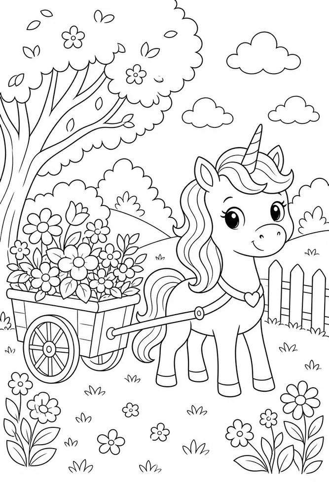 Cute Unicorn Flower Cart coloring page