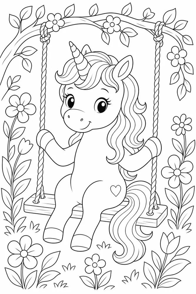 Cute Unicorn Garden Swing coloring page